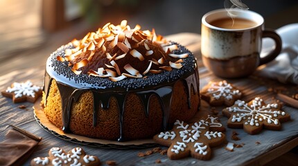 A Japanese poppy seed cake with a rich, velvety chocolate glaze, topped with a generous sprinkle of toasted coconut flakes, and decorated with intricately designed homemade gingerbread cookies