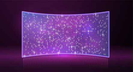 Purple led light screen concert or show background, board wall stage with curved monitor glow round dotted TV display © sabelskaya