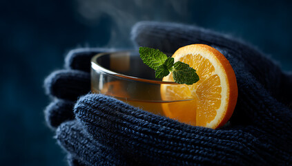 A close-up of two black knitted gloves holding