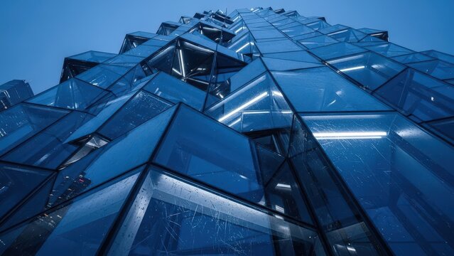 Futuristic blue glass skyscraper facade with abstract geometric design seen during twilight in a modern city - Powered by Adobe