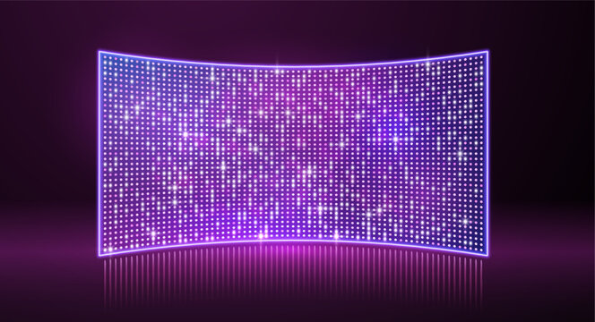 Purple led light screen concert or show background, board wall stage with curved monitor glow round dotted TV display