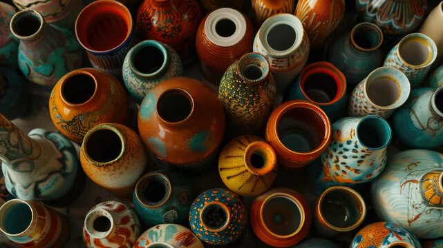 A collection of vases with different colors and designs. Some are tall and some are short. There are at least 15 vases in the