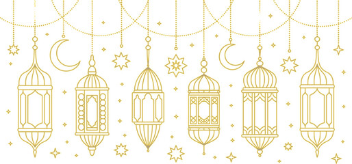 Elegant Islamic Lantern Vector Line Art Illustration Set with Hanging Crescent Moons and Stars for Traditional Ramadan and Eid Celebration Decoration Banners.