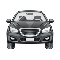 Modern gray sedan car shown from a direct front view as a stylized vector illustration