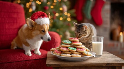 A charming scene unfolds as a dog wearing a Santa hat and a curious cat explore a festive plate of decorated cookies. They sit near a warm fireplace adorned with twinkling lights and stockings