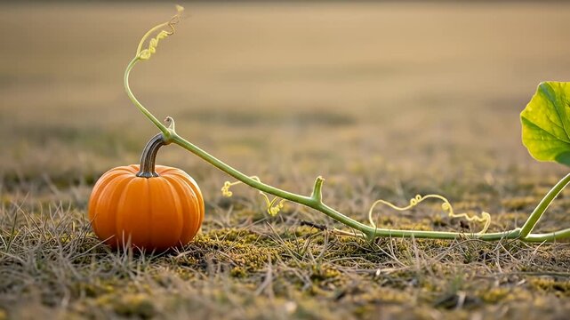 Small pumpkin growing on a vine in a field.