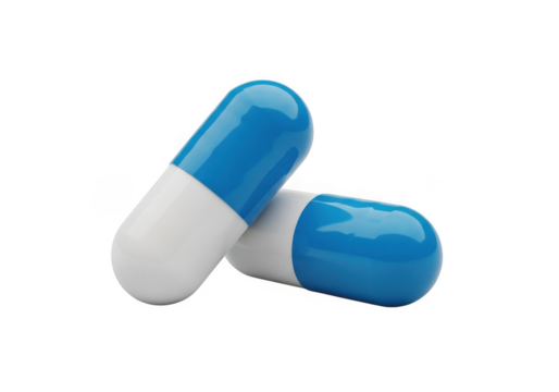 Two blue and white capsules isolated on transparent background for medical use