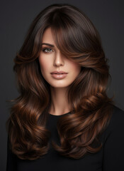 Fototapeta premium Stunning Woman with Luxurious Wavy Brown Hair and Alluring Gaze