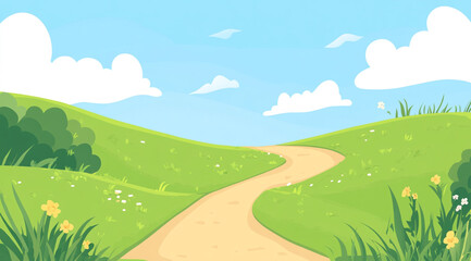 Obraz premium A simple, bright cartoon background featuring a winding dirt path through lush green grass on rolling hills under a clear blue sky with fluffy white clouds.