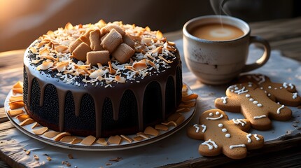 A Japanese poppy seed cake with a rich, velvety chocolate glaze, topped with a generous sprinkle of toasted coconut flakes, and decorated with intricately designed homemade gingerbread cookies