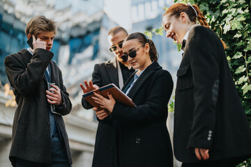 Four colleagues in stylish coats gather outdoors in an urban setting, sharing ideas and looking at a notebook.