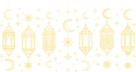 Intricate Islamic Lantern Border Vector Line Art Illustration with Repeating Crescent Moons, Stars, and Garlands for Ramadan and Eid Decoration Banners.
