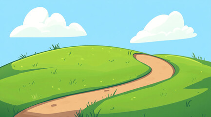 Obraz premium A simple, bright cartoon background featuring a winding dirt path through lush green grass on rolling hills under a clear blue sky with fluffy white clouds.