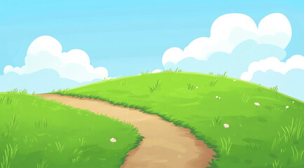 Obraz premium A simple, bright cartoon background featuring a winding dirt path through lush green grass on rolling hills under a clear blue sky with fluffy white clouds.