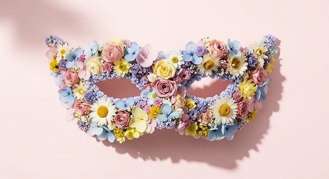 A floral masquerade mask made entirely of real dried flowers in pastel tones, isolated on a pale pink background with soft natural shadows.