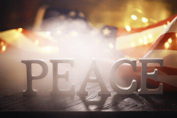 Peace Word Written In Wooden Letters. International conflict, American hegemony, War. Ukraine and Russia.