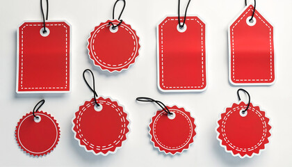 Red price tags in various shapes on white background
