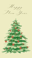 Watercolor Christmas tree with handwritten “Happy New Year” calligraphy on warm soft background. Part of a festive watercolor Christmas and New Year card illustration set.