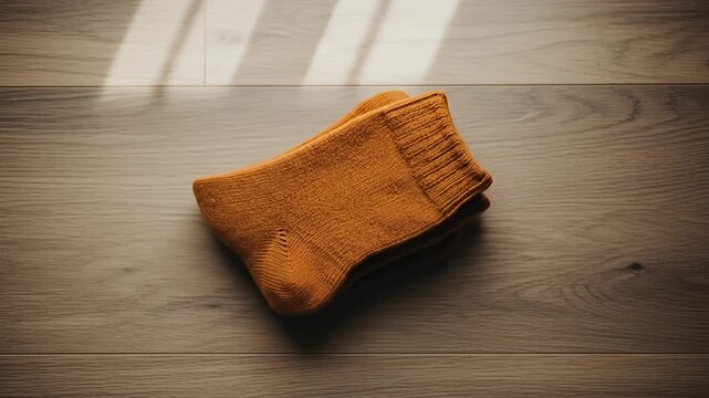 A pair of orange socks is placed on a wooden floor.