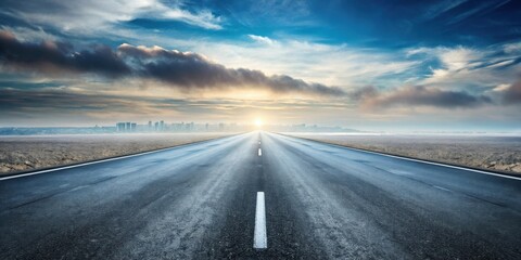 Fototapeta premium Asphalt Road Leading Towards a Distant Cityscape Under a Dramatic Sunrise Sky