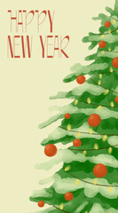 Snow-covered Christmas tree with vertical “Happy New Year” greeting. Part of a festive watercolor Christmas and New Year card illustration set.