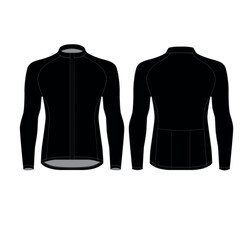 Black cycling jersey with zipper and long sleeves, vector. Mockup of men's cycling shirt, front and back view. Sketch of athletic clothing for the gym, running, and fitness. © Iryna