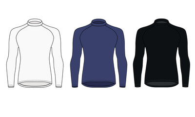Collection of long-sleeved shirts in blue, white, and black. Template for men's athletic shirts, rash guards, vector. Set of sketches for sportswear for the gym, running, fitness, and martial arts © Iryna
