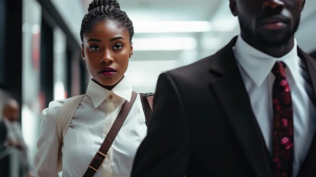 Two young professionals stride confidently through a corporate hallway.