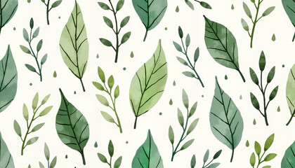 Watercolor leaves pattern with shades of green

