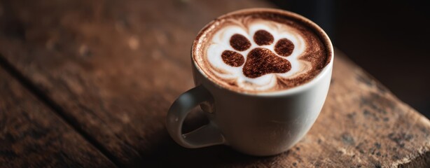 The coffee cup with pawprint latte art on a rustic wooden table, cozy morning