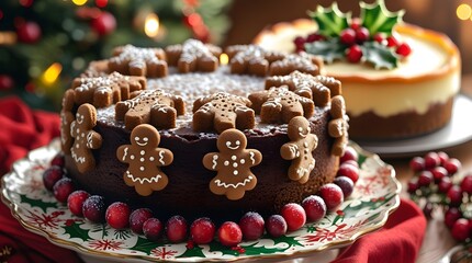 A richly moist Christmas cake decorated with intricately designed gingerbread cookies, sugared cranberries, and a sprinkle of powdered sugar