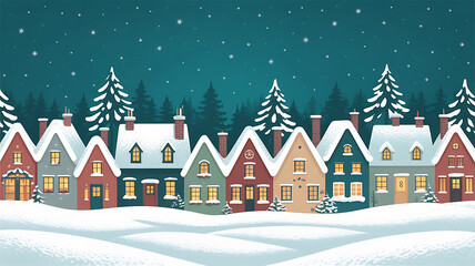 Fototapeta premium Festive Winter Village Scene Cozy Houses Under a Snow-Covered Landscape and Falling Snowflakes