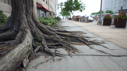 An aged tree displays its exposed roots on a sidewalk in an urban setting. The gnarled roots spread across the pavement, creating an intriguing contrast