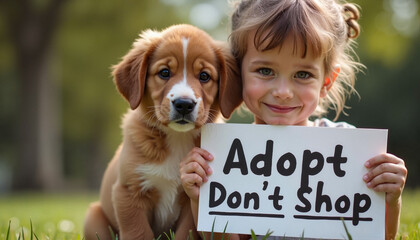 Girl smiling with puppy holding sign in a green park
