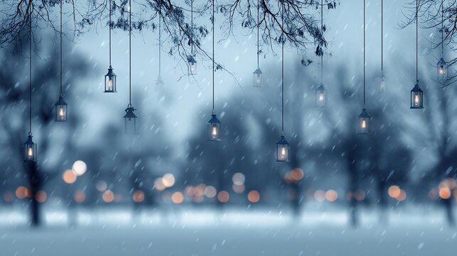 Winter product presentation with white backdrop, blurred tree background, hanging lights and falling snow creating a cozy atmospheric winter-themed setting for showcasing items.