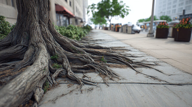An aged tree displays its exposed roots on a sidewalk in an urban setting. The gnarled roots spread across the pavement, creating an intriguing contrast - Powered by Adobe