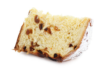 Piece of tasty panettone cake isolated on white. Christmas food