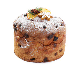 Tasty panettone cake isolated on white. Christmas food