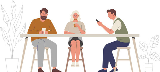 Modern Group of Friends or Colleagues Vector Illustration Sitting at a High Table, Drinking Coffee, and Engaging in Casual Social or Business Communication.