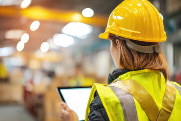 Female engineer wearing yellow safety helmet and reflective vest uses tablet while inspecting industrial factory environment with focused and professional expression