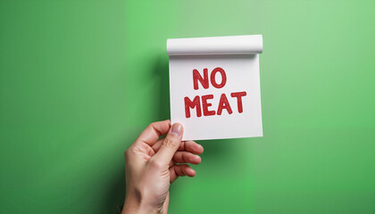 Hand holding a note that says "No Meat" against a green background

