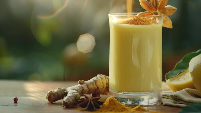 An inviting glass of orange juice and turmeric blend, garnished with a sprinkle of nutmeg on top, ready to be enjoyed.
