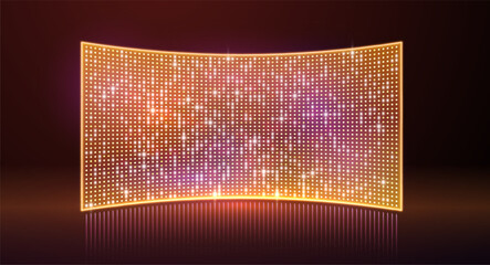 Golden led light screen concert show background, board wall stage with curved monitor glow orange round dot TV display