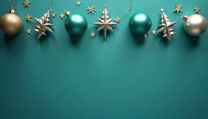 Festive Holiday Decorations A Top-Down View of Christmas Ornaments and Stars on a Teal Background