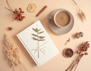 Obraz premium Cozy autumn still life with coffee, book, and dried botanicals