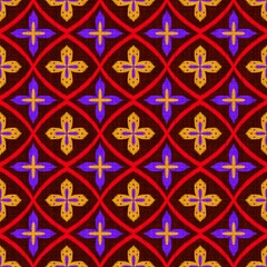 Seamless fabric pattern with bright purple and yellow stylized crosses or flowers, featuring an intersecting red curved grid on a deep maroon or brown canvas texture.