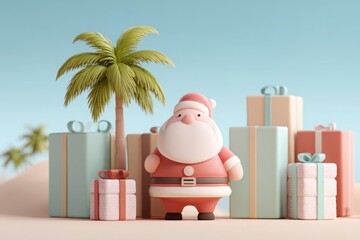 A cartoon Santa Claus stands in front of a pile of presents