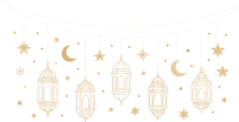 Elegant Islamic Lantern Vector Line Art Illustration Set with Hanging Stars, Crescent Moons, and Subtle Dots for Ramadan, Eid, and Holy Night Decorations.
