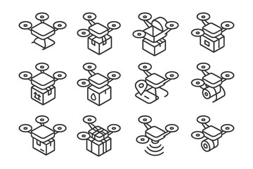 Isometric drone icon set with various design elements and functions.