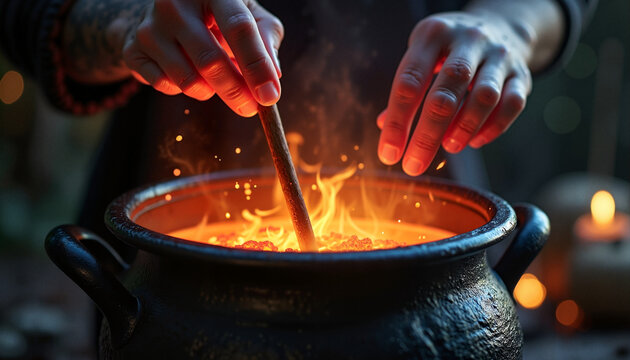Hands stirring cauldron with flames in mystical setting